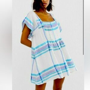 Free People | Mini Dress White Blue Metallic Plaid Shapeless Square Neck S